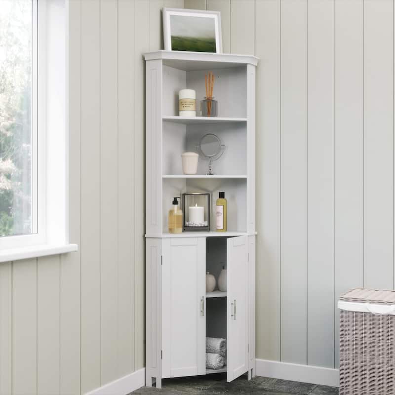 RiverRidge Somerset Tall Corner Bathroom Cabinet Storage Organizer with Doors and an Adjustable Shelf - White