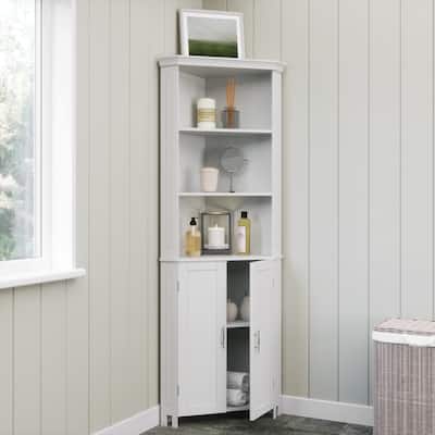 RiverRidge Somerset Tall Corner Bathroom Cabinet Storage Organizer with Doors and an Adjustable Shelf - White