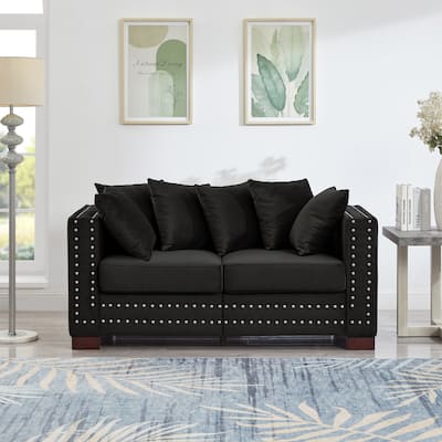 Modern Design Upholstered Velvet Loveseat with Silver Nails Decoration, Black