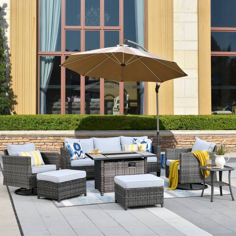 OVIOS 7-piece Wicker Sectional Sofa Swivel Rocking Chair Set With Fire Pit - Light Gray