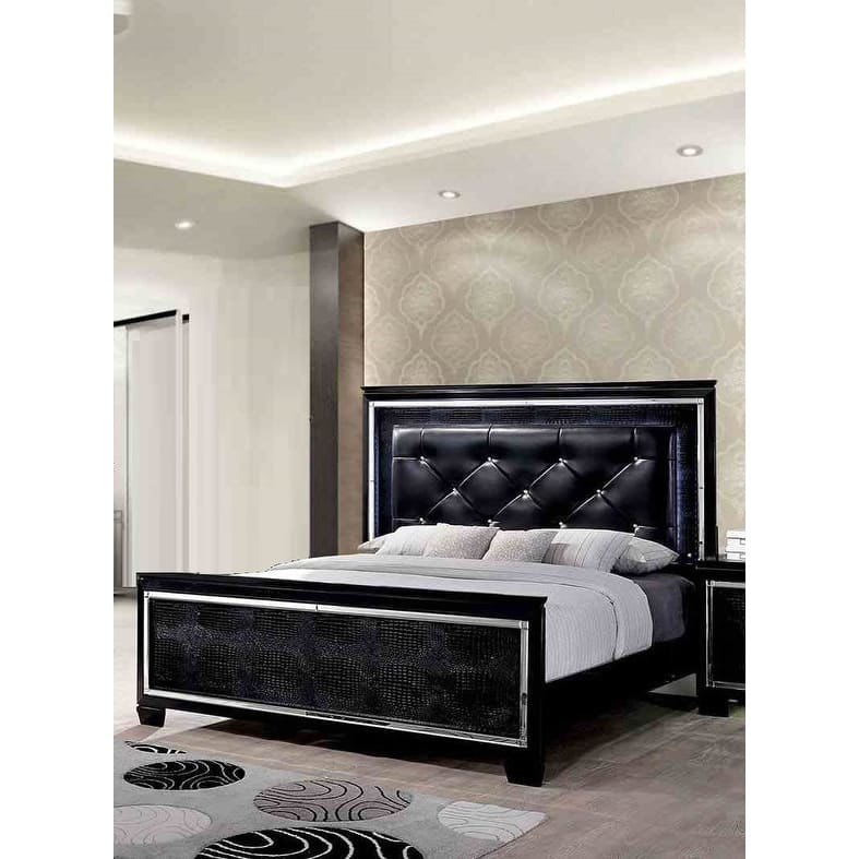 Contemporary 1PC Black Finish Button Tufted LED Light Bed