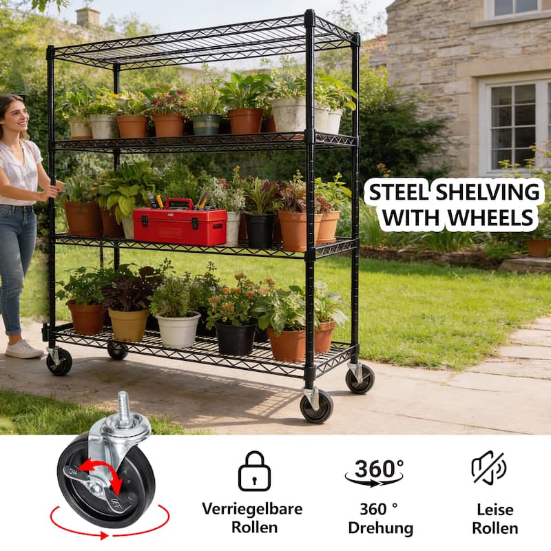 55.5"W x 24"D x 80"H Heavy Duty Wire Storage Shelves with Wheels,4 Tier Adjustable,2400 lbs Capacity,Rolling Industrial Storage