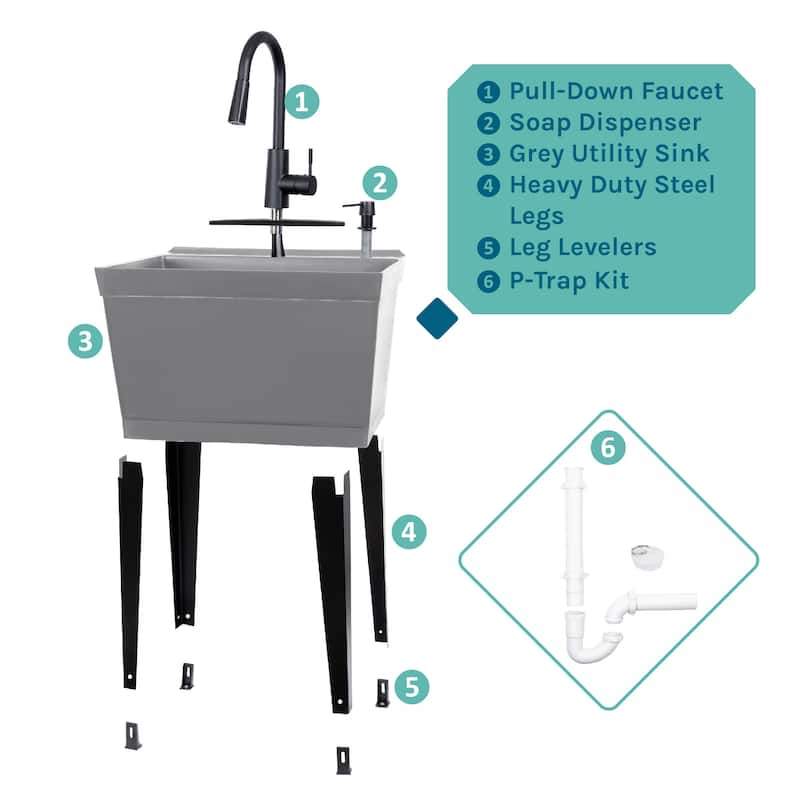 TEHILA Utility Sink Laundry Tub with Black High Arc Faucet and Soap Dispenser