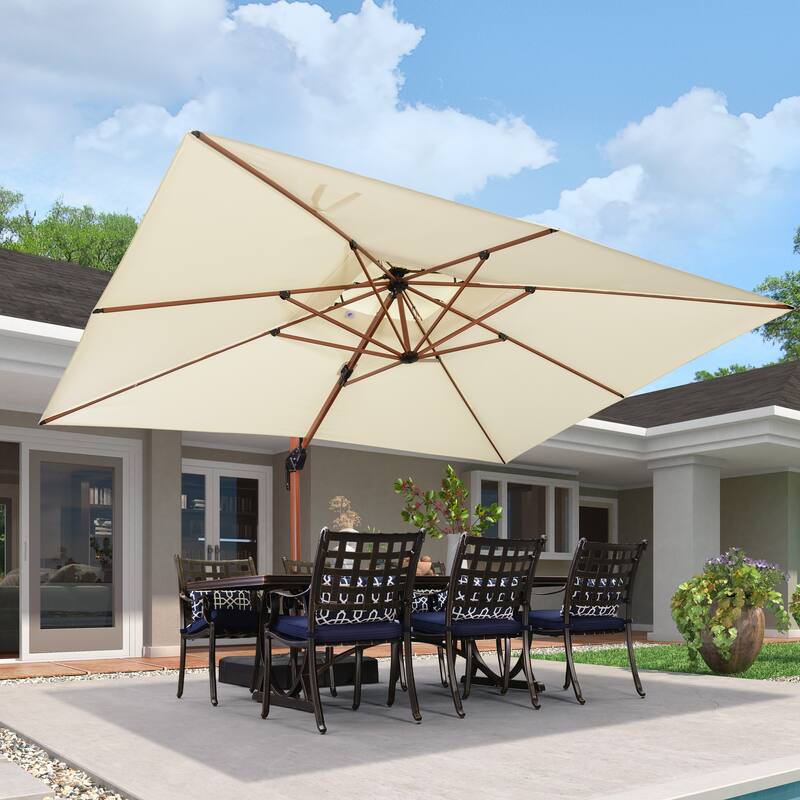 PURPLE LEAF 10 x 13ft Double Top Deluxe Wood Pattern Rectangle Patio Cantilever Umbrella with Base
