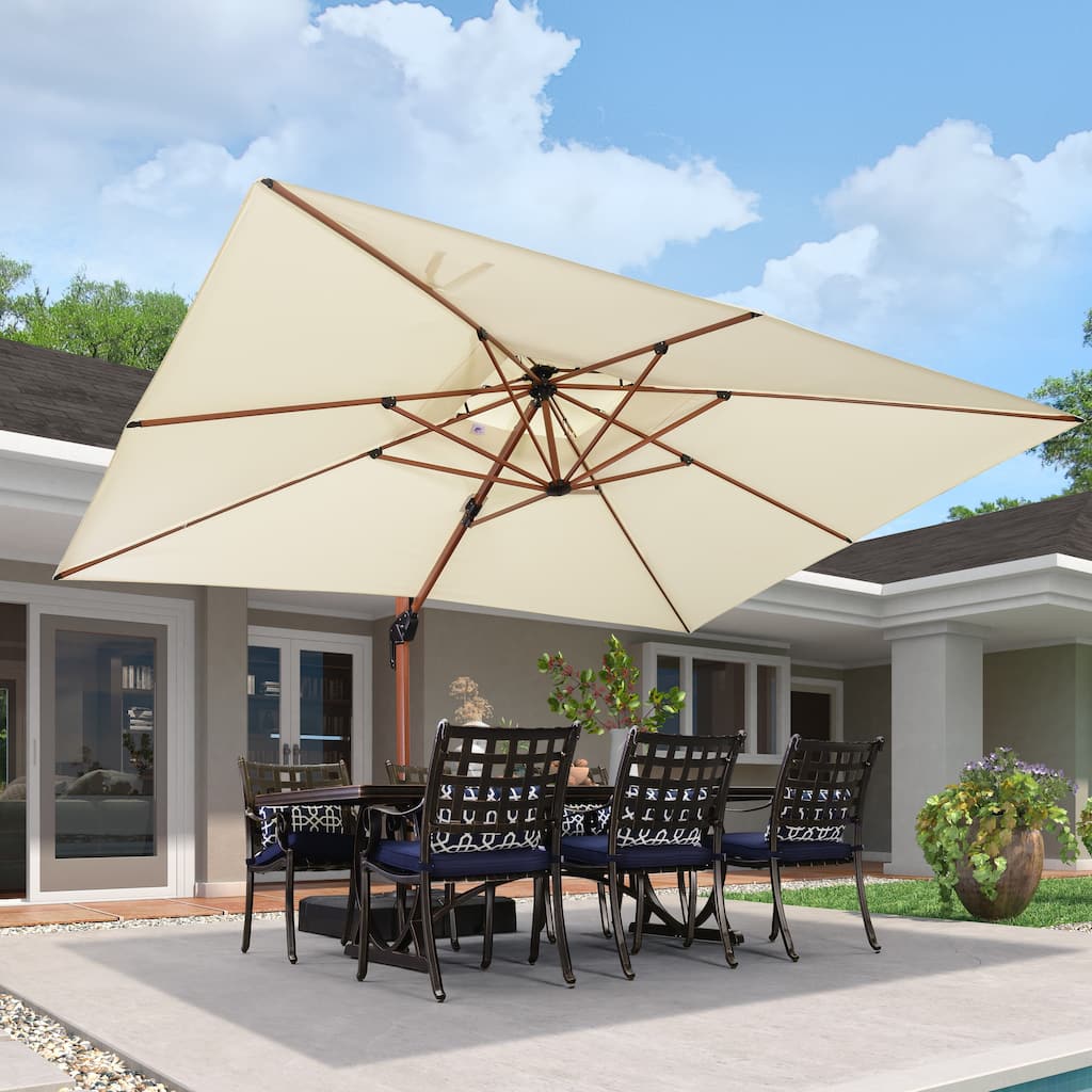 PURPLE LEAF 10 x 13ft Double Top Deluxe Wood Pattern Rectangle Patio Cantilever Umbrella with Base