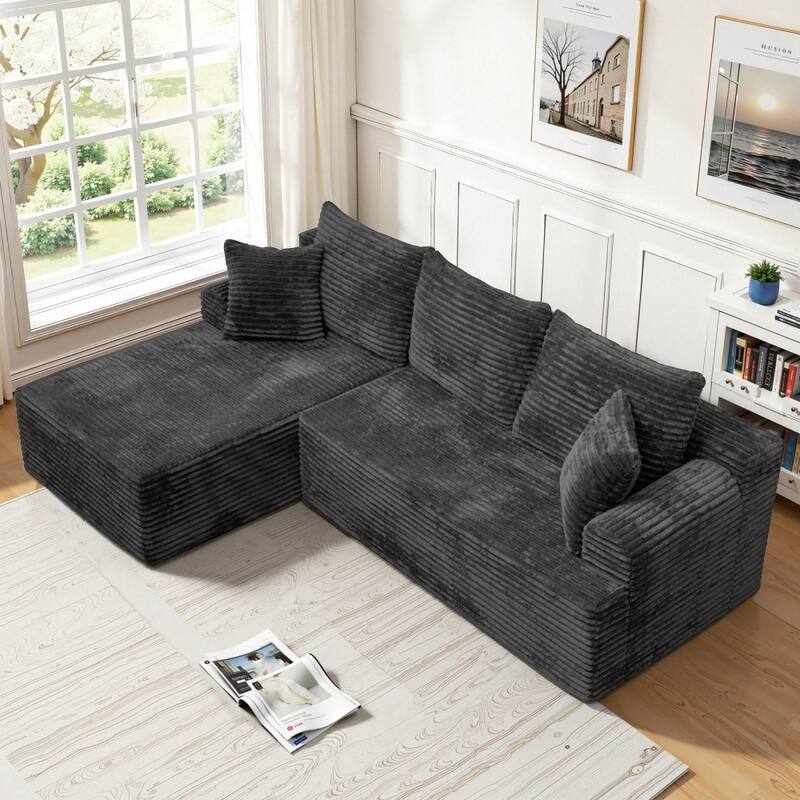95.2" Modern L-Shaped Corduroy Sectional Sofa, No Assembly Reqired - Dark Grey - Right Facing
