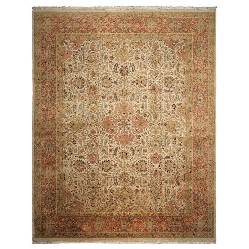 12'1''x15 Hand Knotted Wool Beige Agra Traditional Botanical Oriental Area Rug - 12' 1'' x 15'