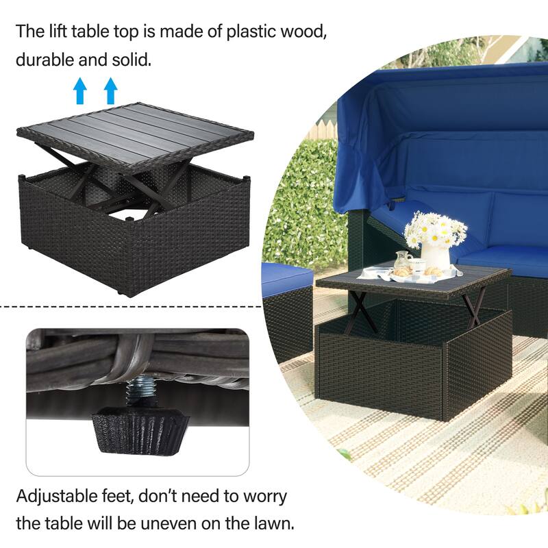4-Pieces Outdoor Patio Rattan Daybed Sunbed Set with Retractable Canopy, Lift Table, and Adjustable Seat