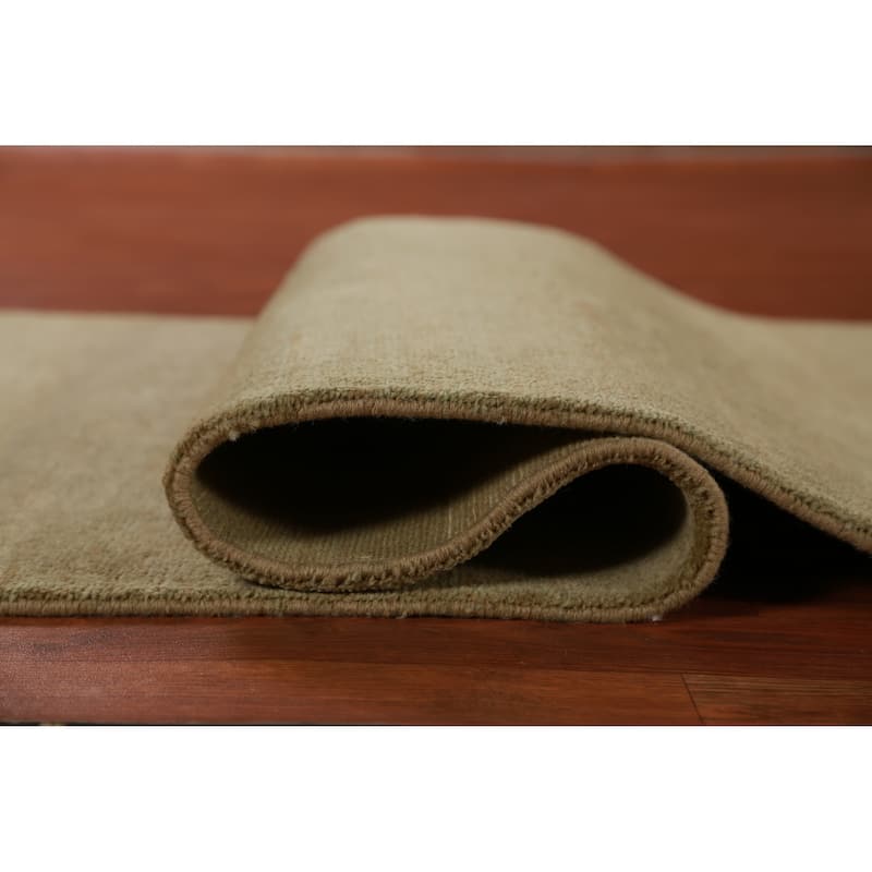 Hand Knotted Oriental 100% Wool Carpet Modern Solid Green Gabbeh Runner Rug - 10' 1'' X 3' 0''