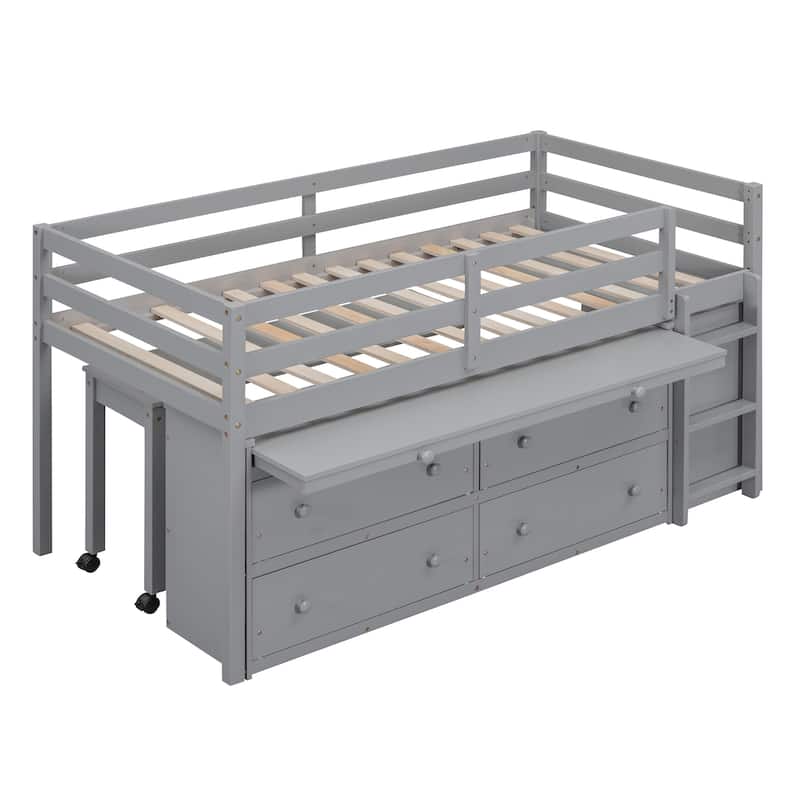 Twin Size Solid Wood Loft Bed with Retractable Desk and Drawers