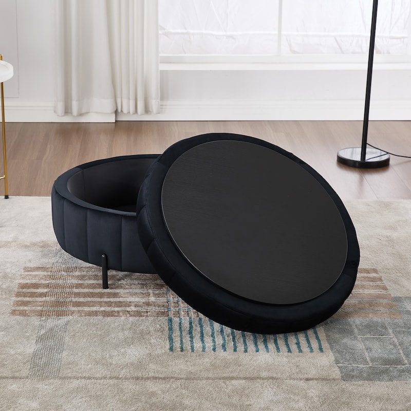 Round Ottoman with Storage, Channel Tufted Pumpkin-Shape Channel Footstool, Upholstered Footrest Stool with Reversible Lid