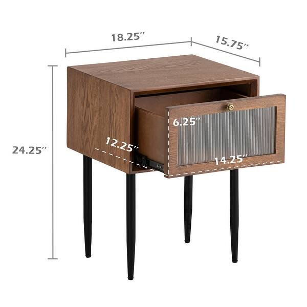 COZAYH Retro Brown Nightstand with Reeded Glass Front, Walnut Wood