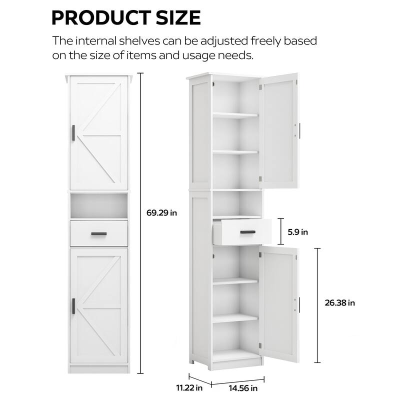 69"H Tall Bathroom Cabinet with Adjustable Shelves, 2 Barn Doors & 1 Drawer