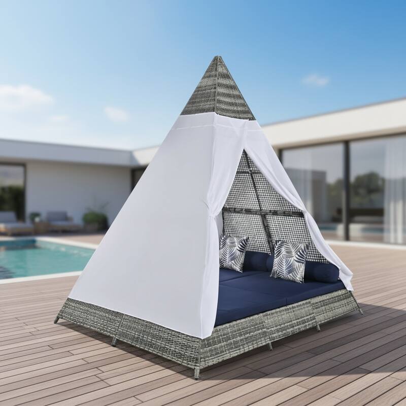 91" Brown And Blue Faux Rattan And Fabric Pyramid Lounge Chair - Blue