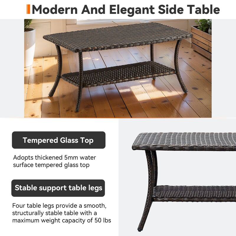 Meina Brown Wicker Rectangular Outdoor Coffee Table with Lower Wicker Storage Shelf