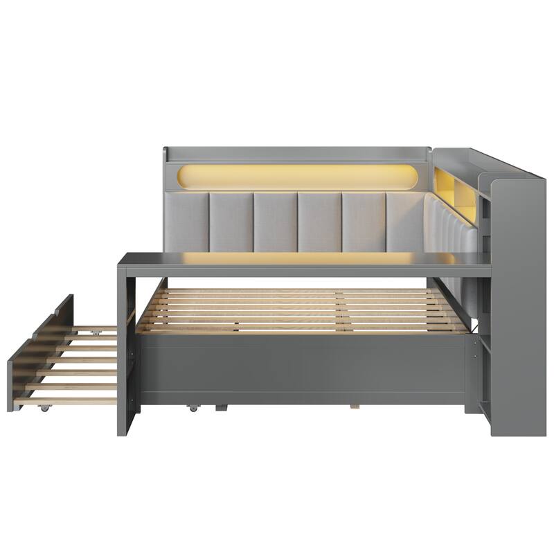 Roomfitters Full Daybed with Trundle, Charging Station and Upholstered Headboard