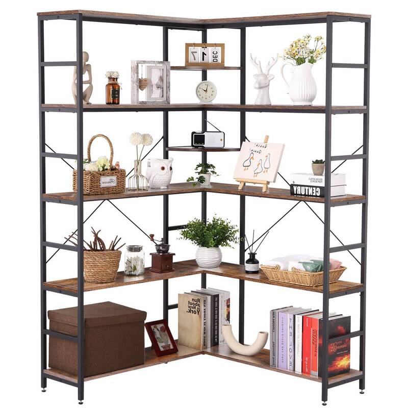 L Shape Bookcase with Storage Display Rack - Brown