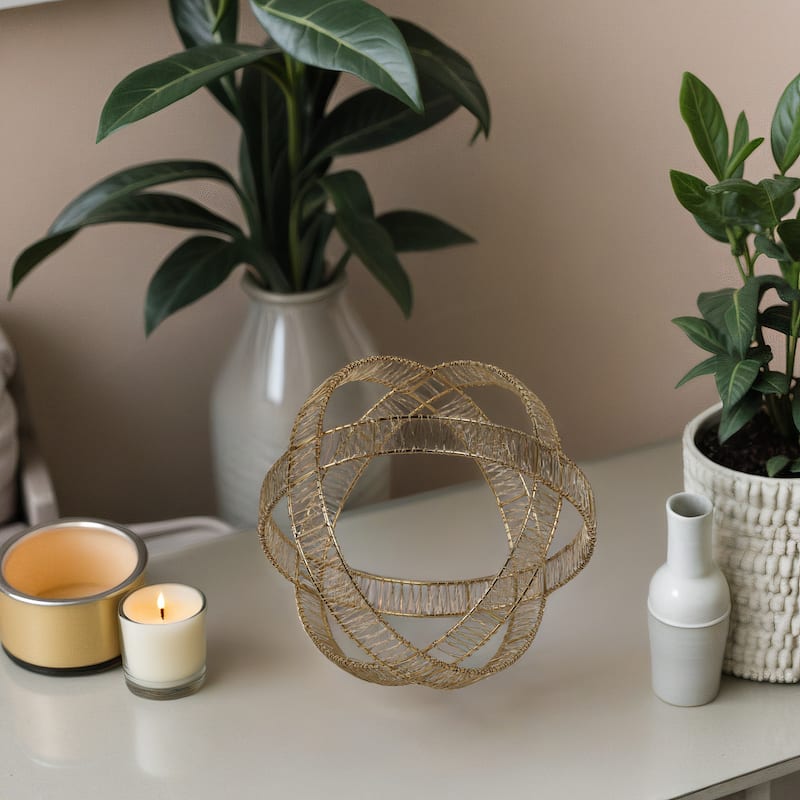 Metal Orb Sculpture with Interwoven Iron Wire Design Decorative Accent