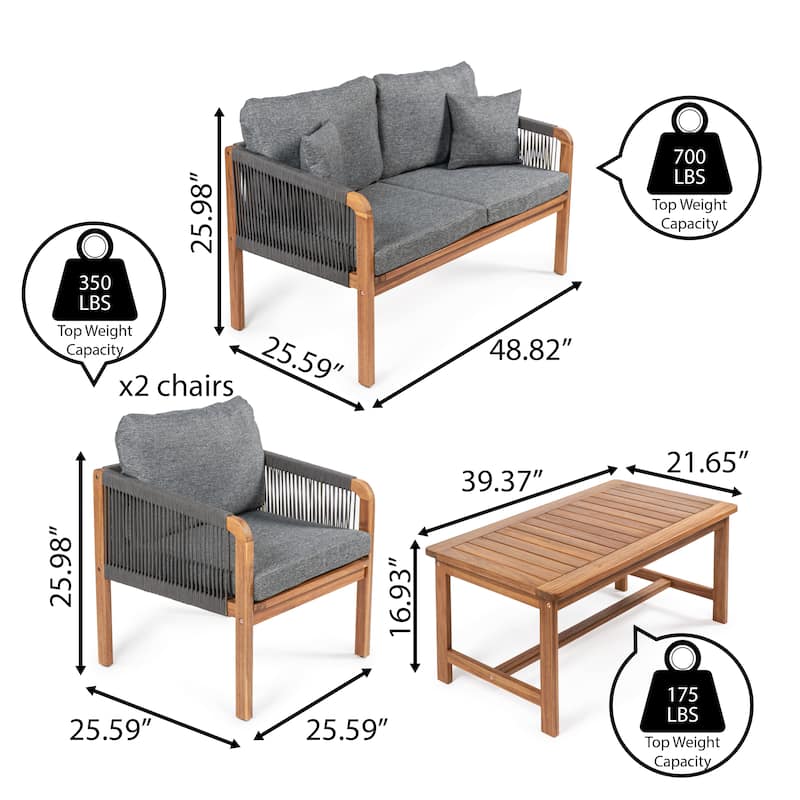 Aveiro 4-Piece Modern Bohemian Acacia Wood Outdoor Patio Set with Cushions and Plain Decorative Pillows, by JONATHAN Y