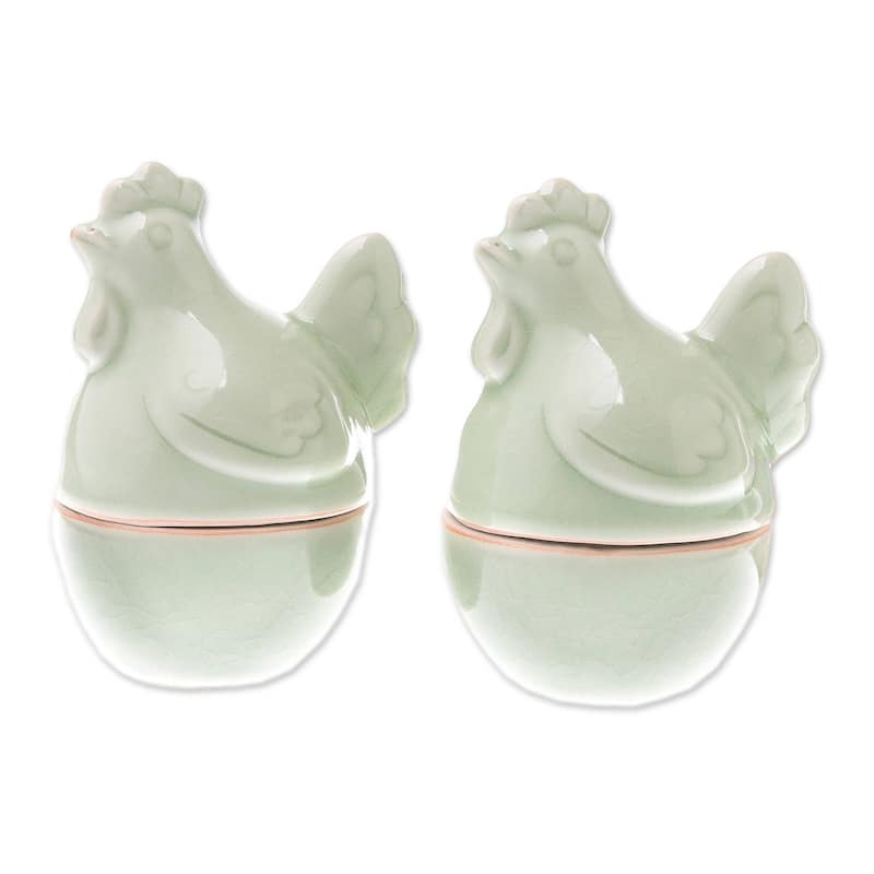 NOVICA Celadon ceramic egg cups, 'Hen Breakfast' (pair)