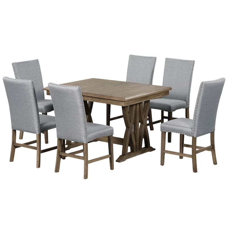 Roomfitters 7-Piece Extendable Dining Table Set, Mid-Century Solid Wood Kitchen Set with 12" Leaf and 6 Chairs, Gray