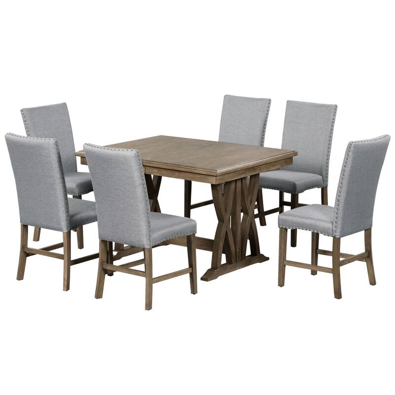 Wood 7-Piece Dining Table Set, Kitchen Table Set with Extendable Table and 6 Upholstered Chairs for Dining Room