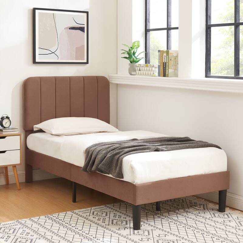 Javlergo Upholstered Bed Frames with Height-adjustable Headboard - Coffee - Twin