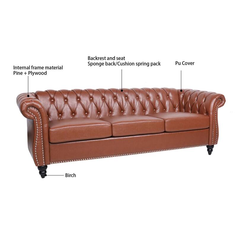 84.65" Rolled Arm Chesterfield 3 Seater Sofa