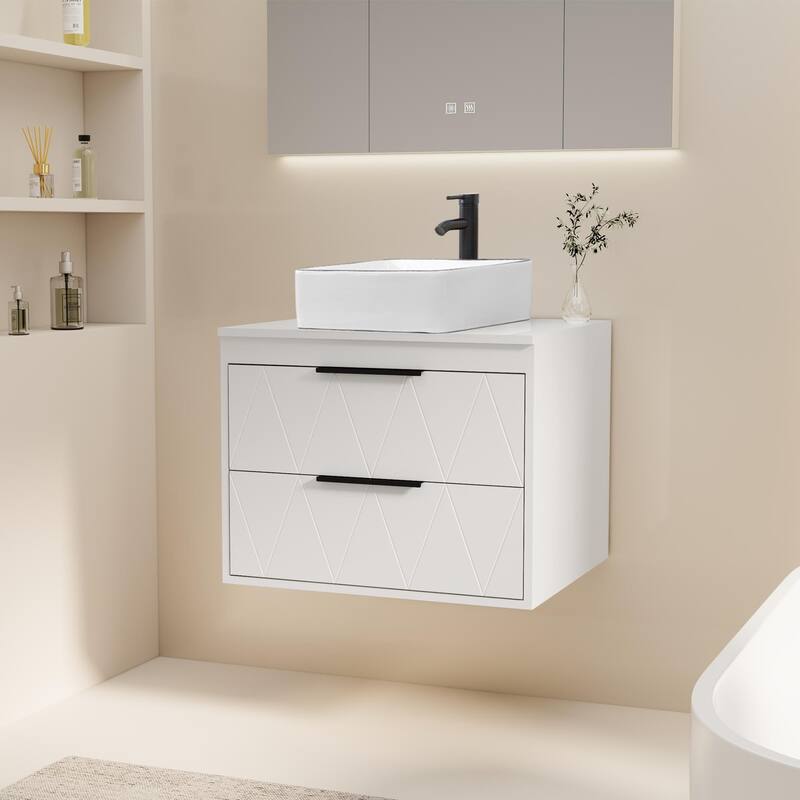 Modern Wall Mounted Bathroom Vanity Set with Vessel Sink & Faucet - white-24 in - 24-1 Ceramic black line sink
