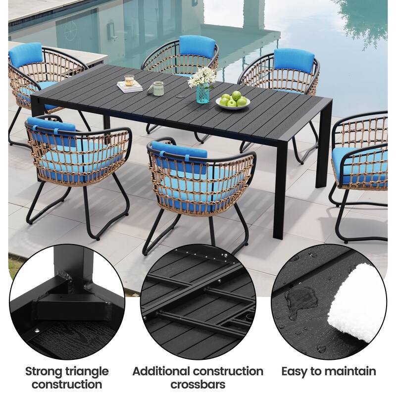 7-Piece Outdoor Patio Dining Set Aluminum Table with Umbrella Hole with Rattan Chairs