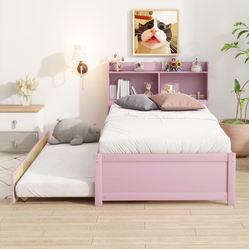 Wood Platform Bed with Storage Headboard and Trundle