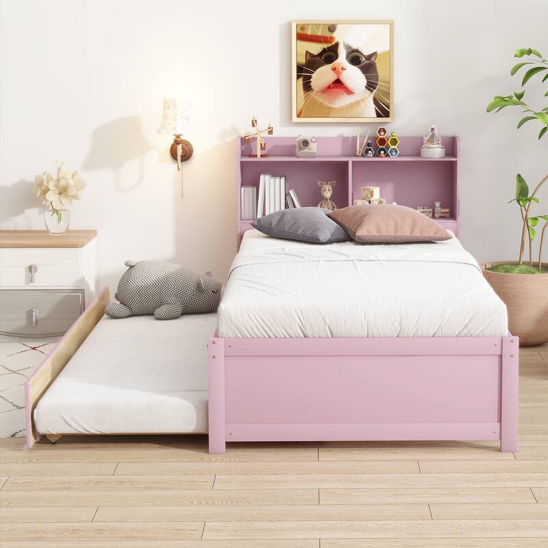 Wood Platform Bed with Trundle Bed, Storage Bed with Bookcase Headboard, Captains Bed, Wood Slat Support, No Box Spring Needed