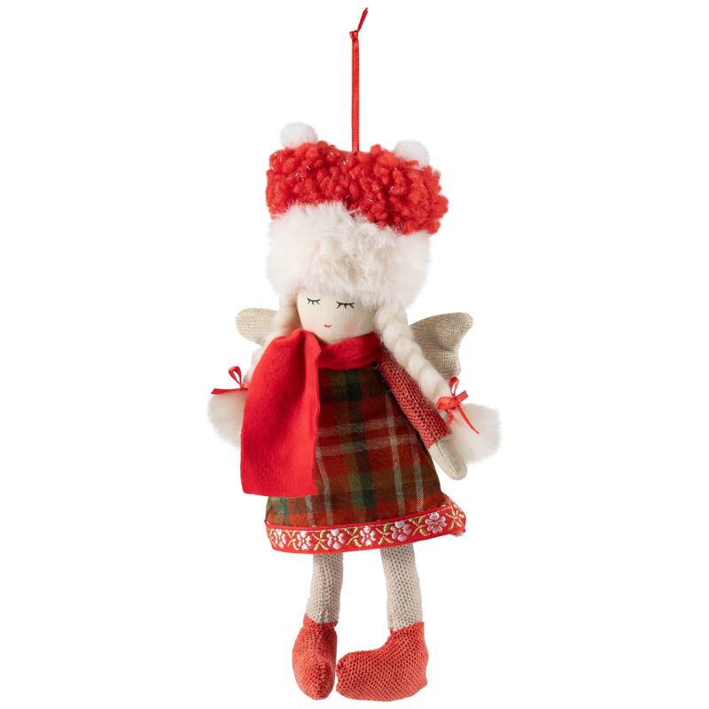 Plaid Angel Girl with Braided Pigtails Christmas Ornament - 8.5" - Red and Cream