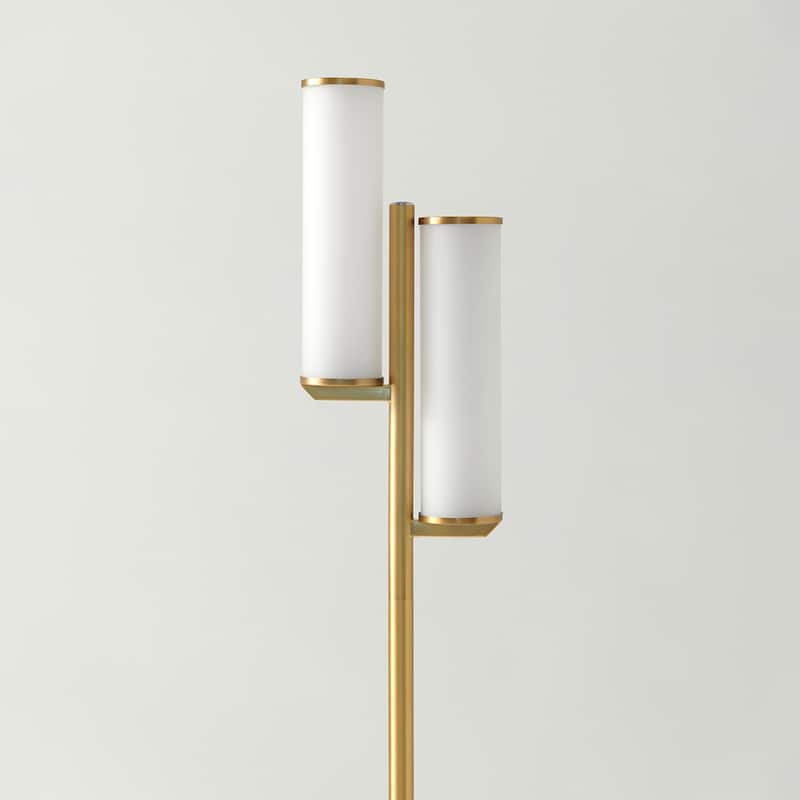 Brightech Gemini 64 in. Antique Brass Industrial 2-Light 3-Way Dimming LED Floor Lamp with 2 Frosted White Glass Cylinder Shades