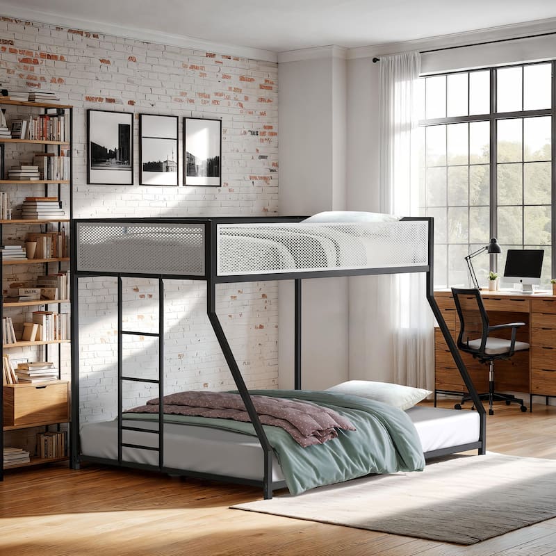 Contemporary Twin Over Full Metal Bunk Bed with Ladder, Black Finish, Mattress Ready - Matte Black