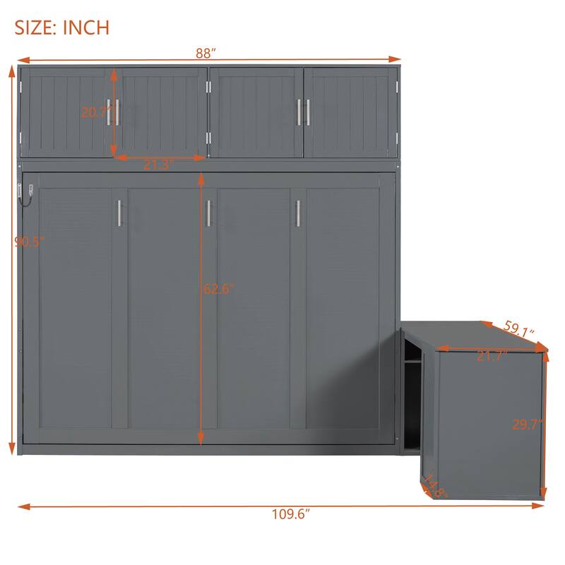 Queen Size Wall Murphy Bed Chest with Top Cabinet and Desk, Wooden Hidden Wall Bed Frame, Foldable Platform Cabinet Bed