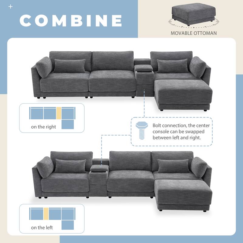 Roomfitters Modular Chenille Sofa with USB Console, Movable Ottoman and Wide 4-Seat Reversible L-Shaped Couch