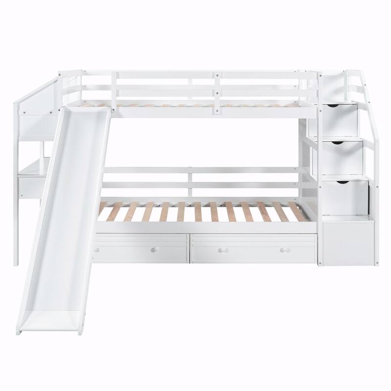 Twin over Twin Bunk Bed with Storage Staircase, Slide, Drawers, Desk, and Shelves