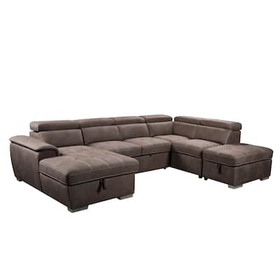 Brown U Shape Modular Sectional Sofa with Adjustable Headrest