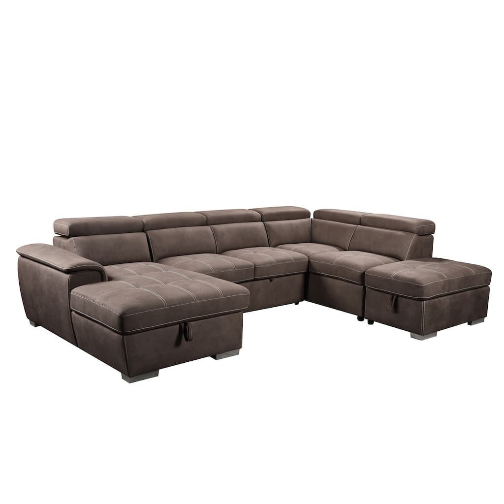 Brown U Shape Modular Sectional Sofa with Adjustable Headrest