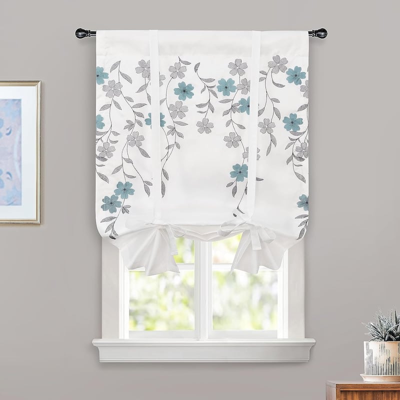 DriftAway Tie Up Curtains Floral Embroidered Balloon Isabella Roman Shades Rod Pocket - 25" Width X 47" Length - Ivory/Blue