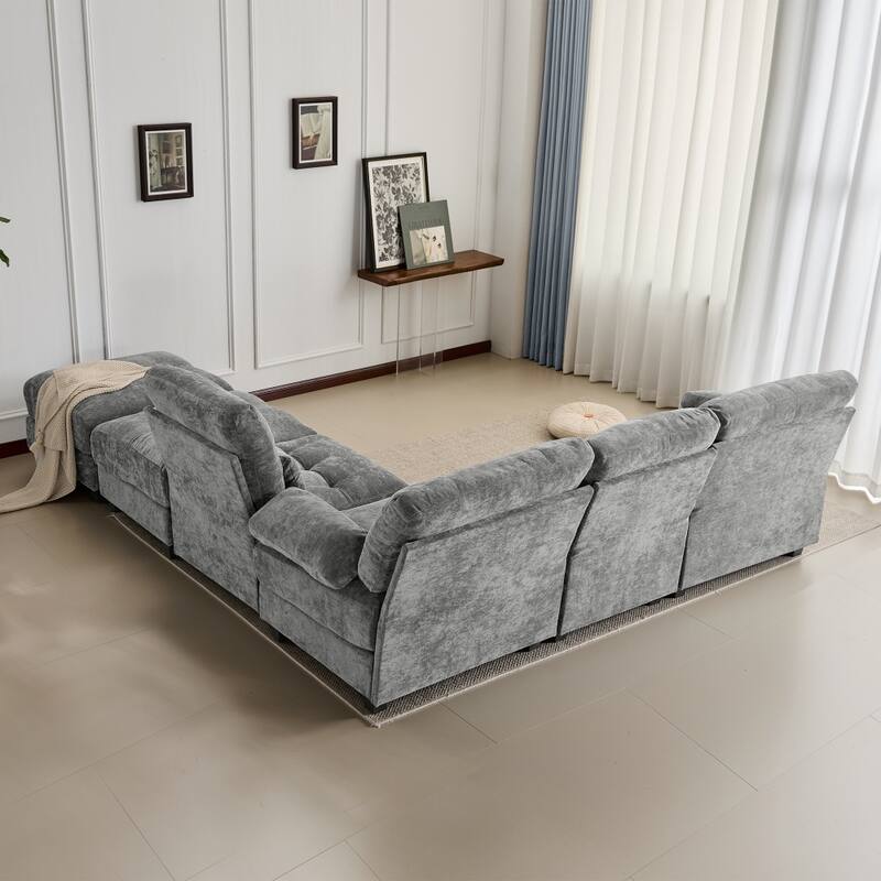 119" Chenille Sectional Sofa with 2 Ottomans and 4 Pillows, Adjustable Backrests