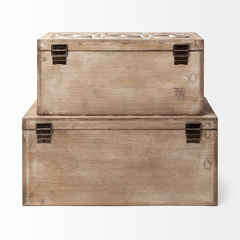 Estooki Set of Two Whitewashed Wood Mirrored Boxes - 7"H x 15.34"W x 9.38"D & 6.13"H x 13.34"W x 7.25"D