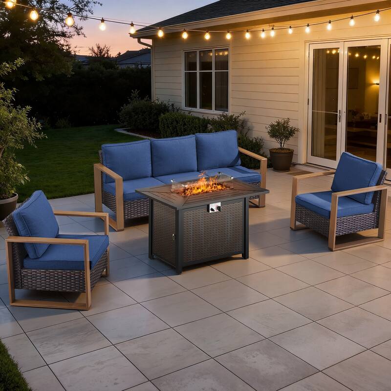 Meyreso Wicker Patio Conversation Set with Metal Fire Pit Table & Olefin Cushions - Brown / Navy Cushions - 4-Piece