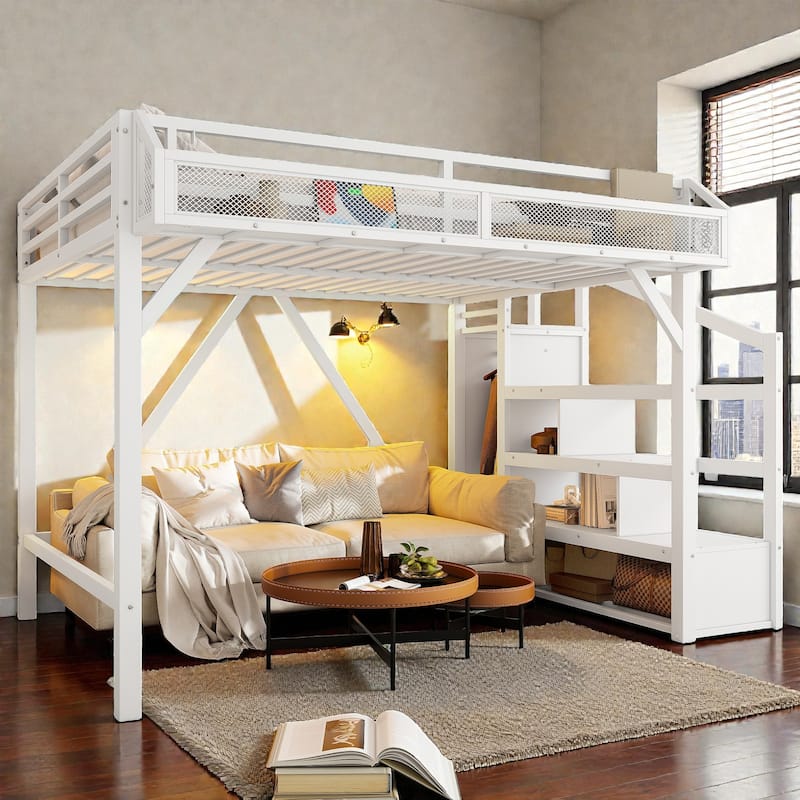 Metal Loft Bed with Storage Stairs, Wardrobe and Shelves, USB Ports and LED Lights, Noise Reduced Frame