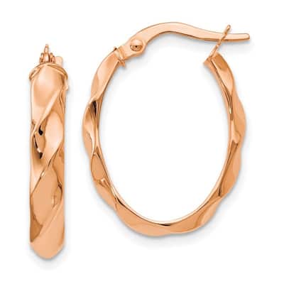 Curata 14k Rose Gold Polished and Twisted 3x22mm Oval Hoop Earrings