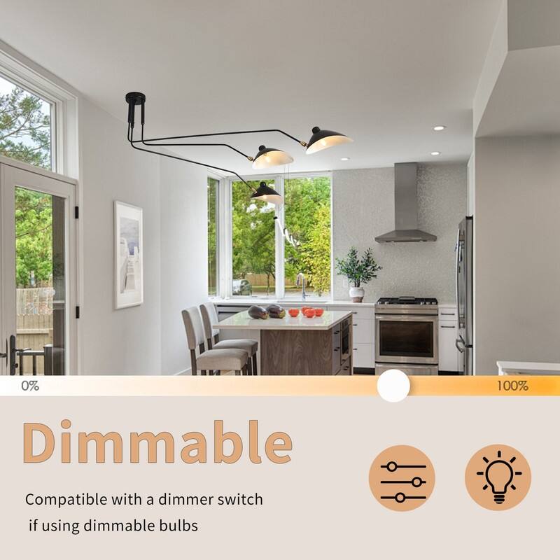 Mid Century Modern Chandelier Black 3 Arm Ceiling Light Living Room