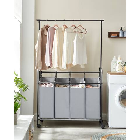SONGMICS 4-Bag Laundry Sorter, Rolling Laundry Cart with Hanging Bar, Heavy-Duty Wheels, Gray