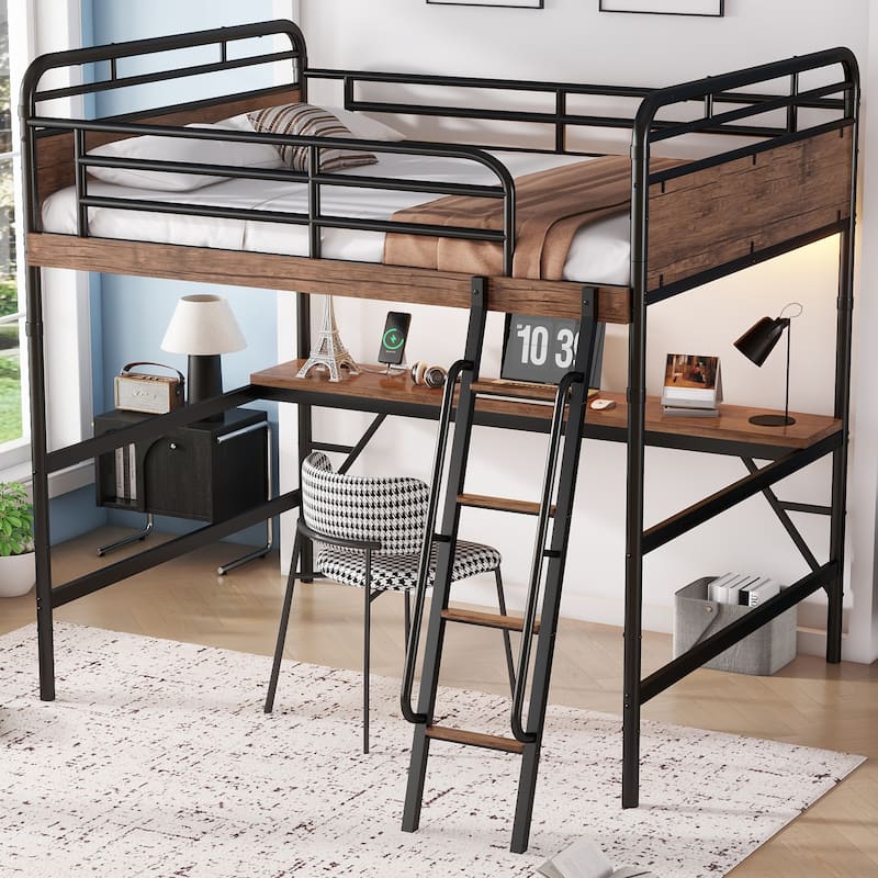 Full Size Metal Loft Bed with Desk, LED Light, and Charge Station, Black