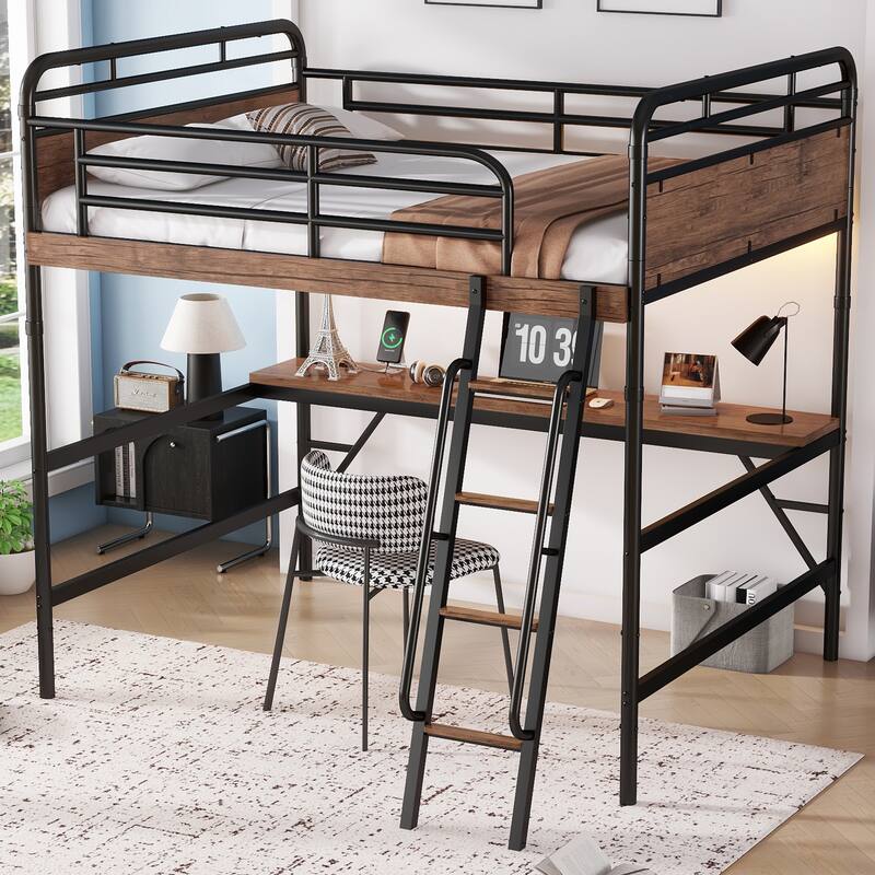 Full Size Metal Loft Bed with Desk, Metal Loft Bed with LED Light and Charge Station,Black(Expect Arrival Date 2025/5/15)